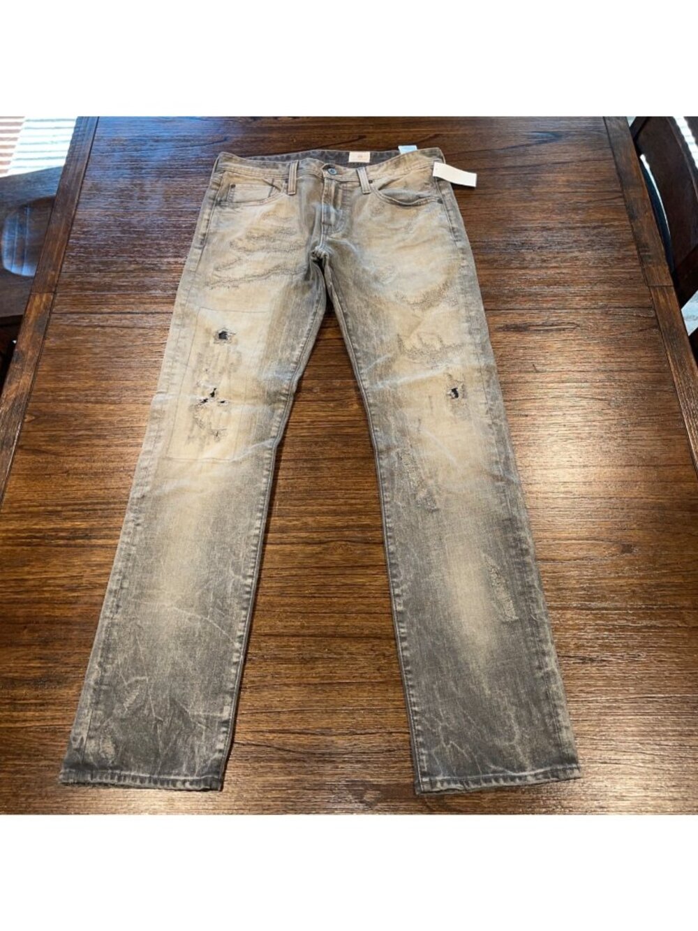AG Slim Straight Leg Jean Mens 32x33.5 Light Gray Faded Distressed Ripped Grunge